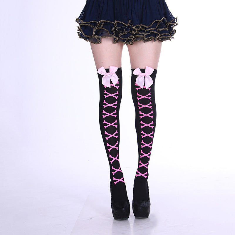 Fashion Halloween Candy Color Bowknot Stockings Costume Props