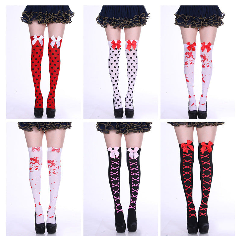Fashion Halloween Candy Color Bowknot Stockings Costume Props